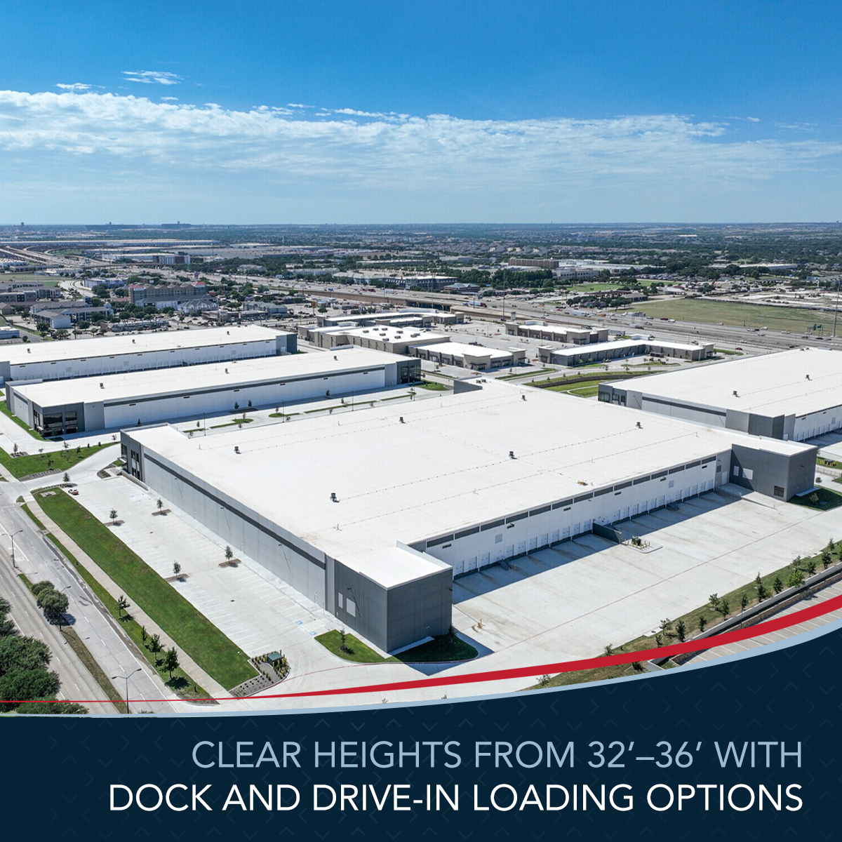 Aerial view of warehouses and surrounding landscape