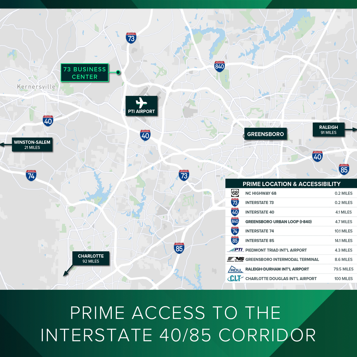 Map infographic showing the location and accessibility of 73 Business Center