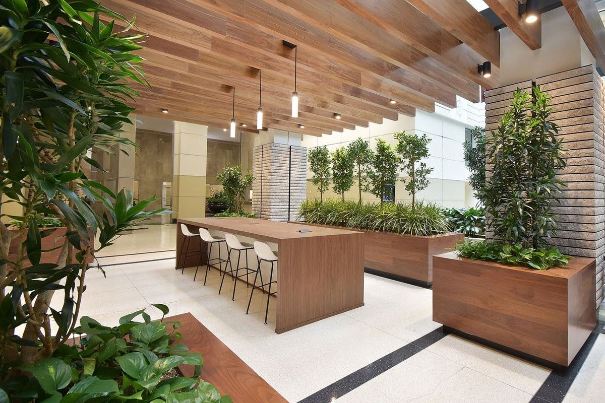Collaborative atrium seating at Post Office Plaza