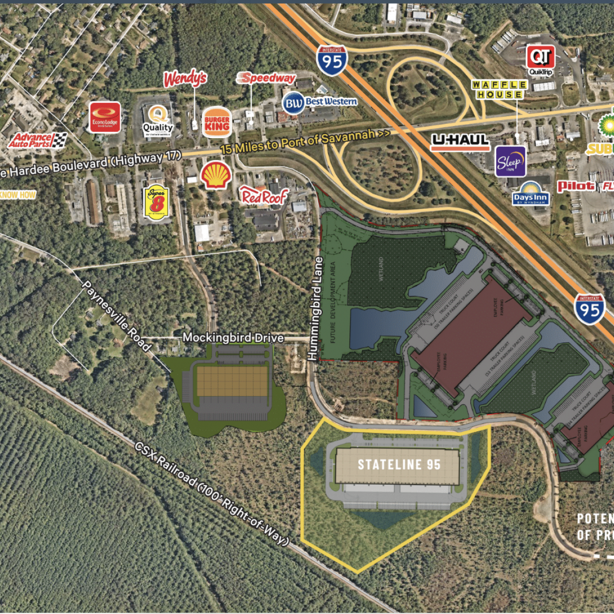 Aerial map showing development sites and amenities