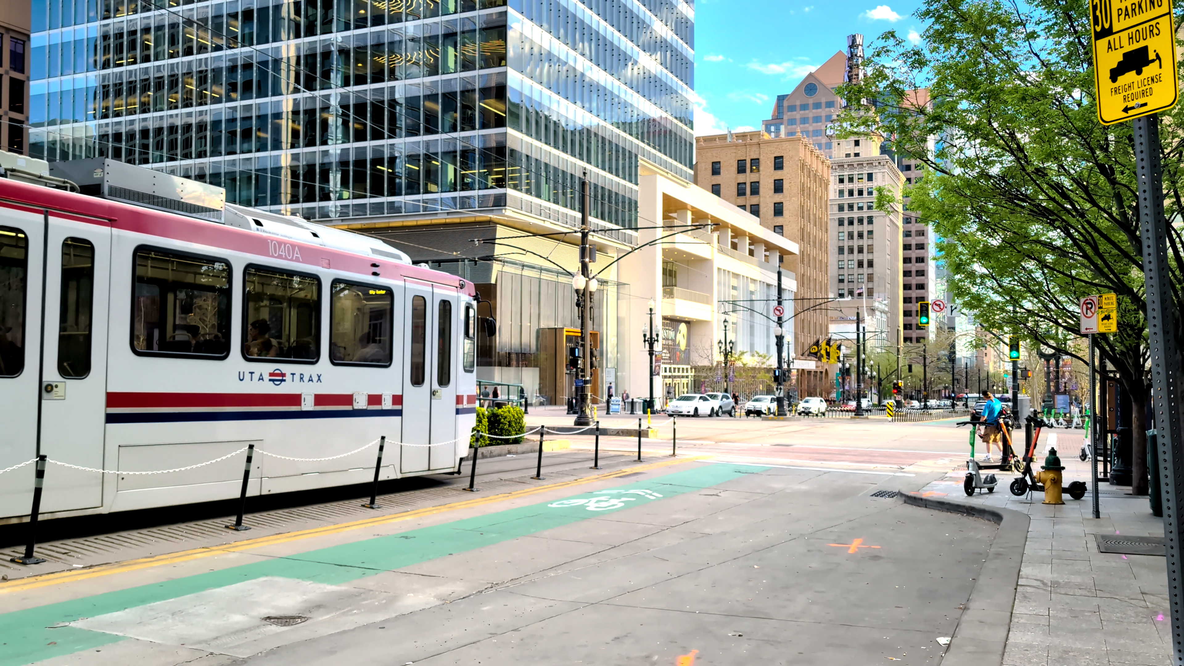 Vibrant urban street scene near Walker Center with shopping and transit