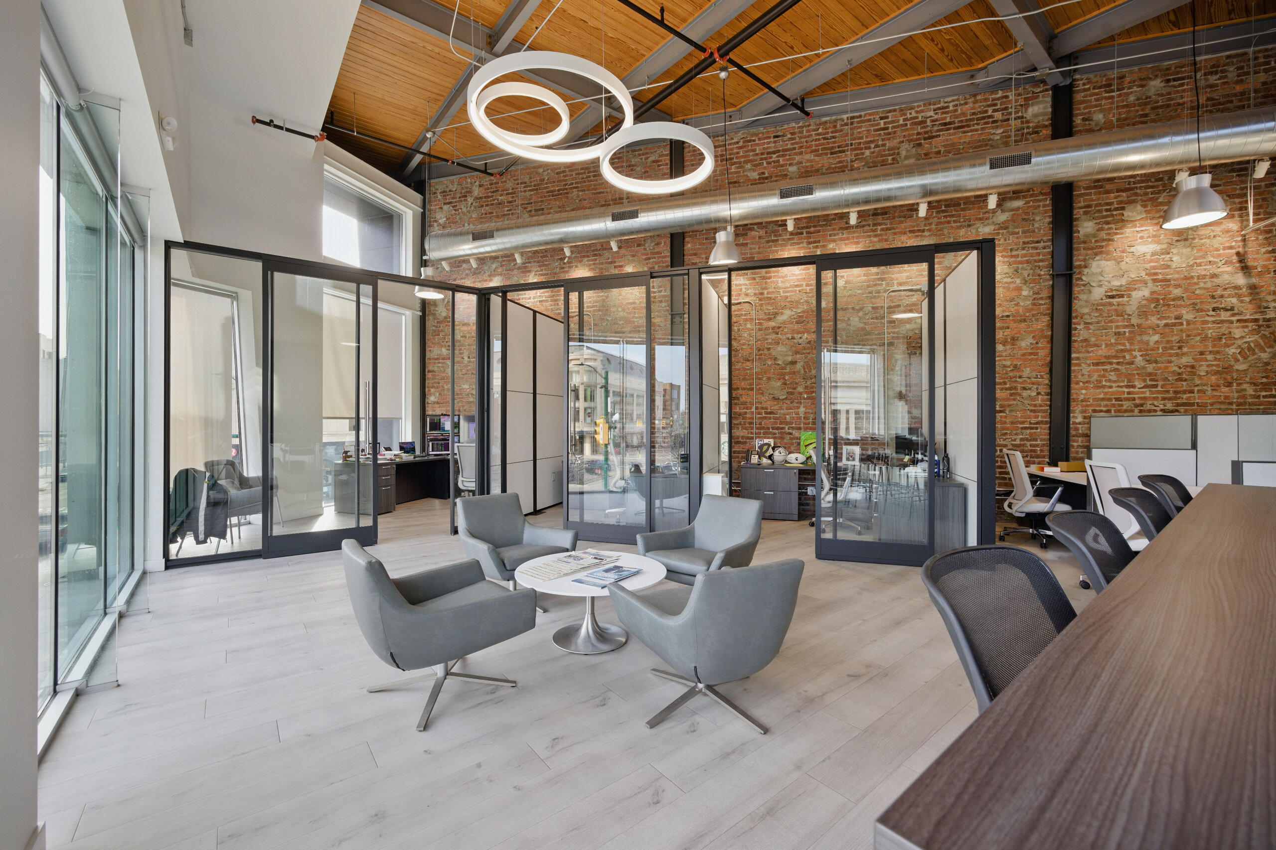 Top-floor office with glass partitions