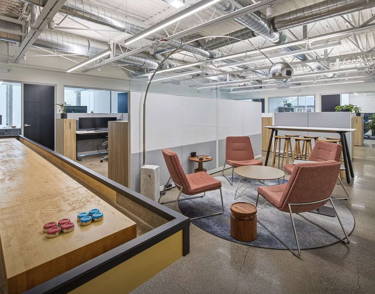 Modern office space with stylish seating and decor