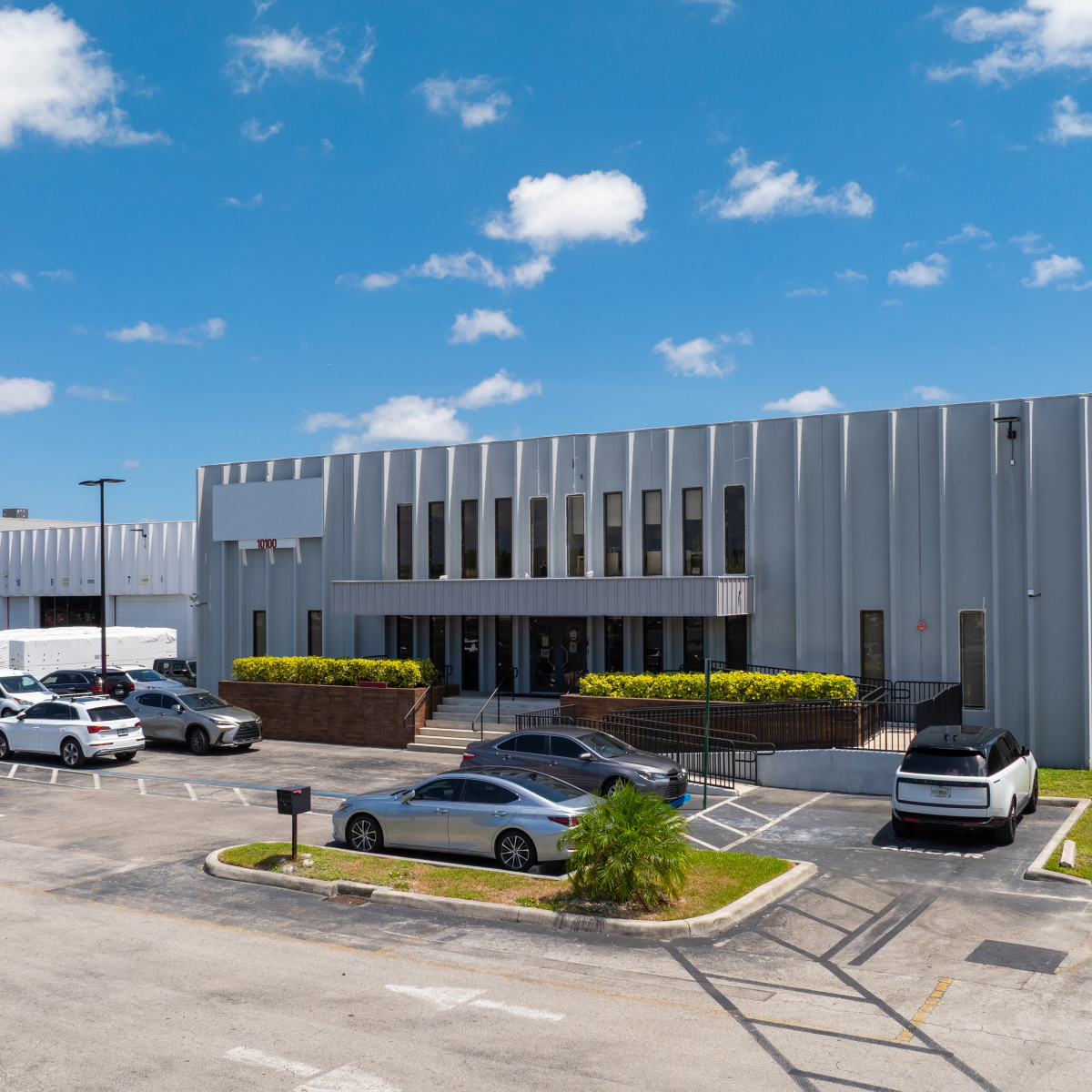 Commercial building exterior and parking area