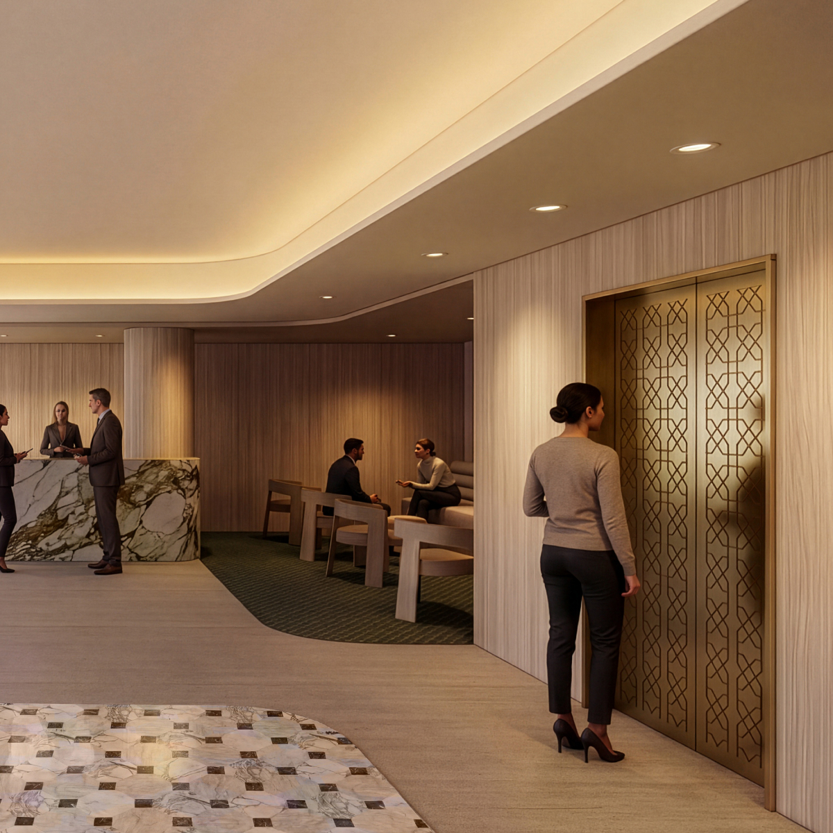 Modern lobby area with elevators at The Alhambra