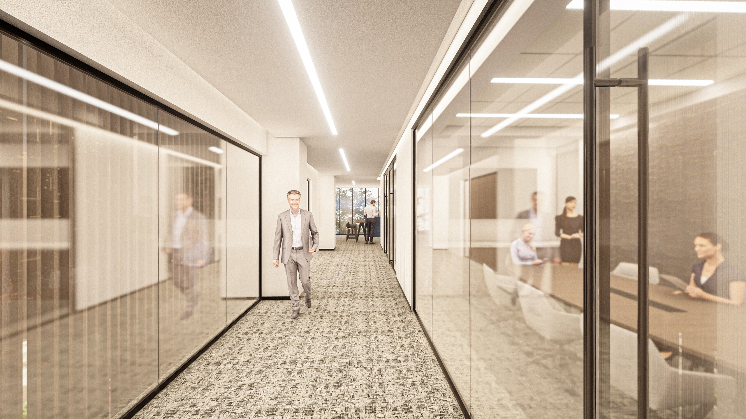 Glass-fronted conference rooms and office corridor