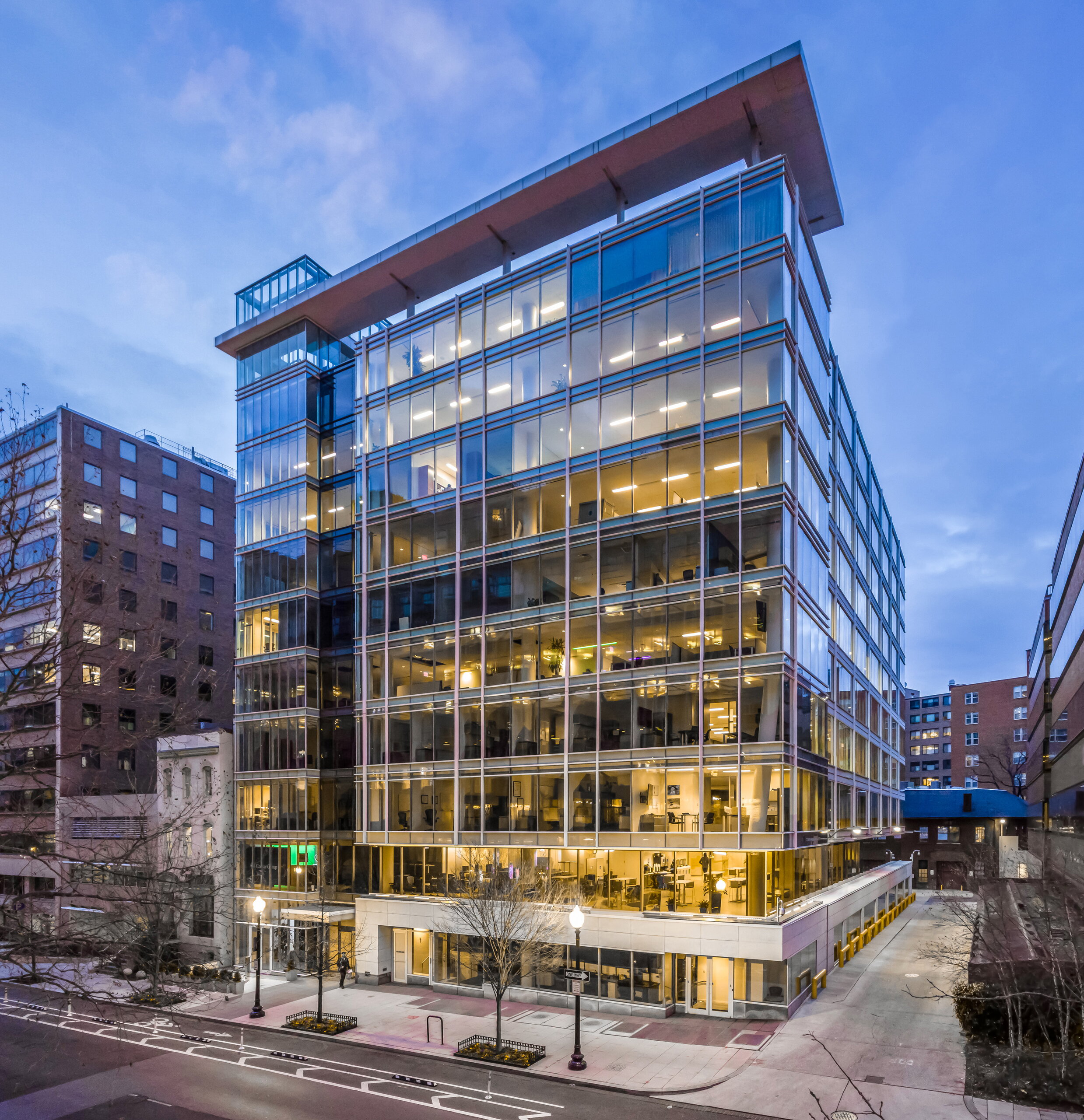 Exterior of 1331 L Street NW at dusk