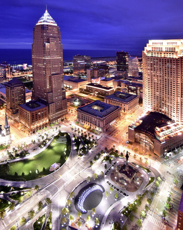 Terminal Tower and downtown Cleveland illuminated at night
