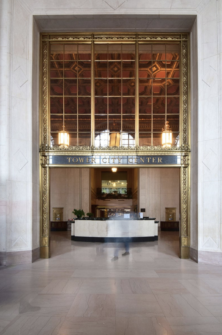 Terminal Tower lobby entrance with historic brass detailing