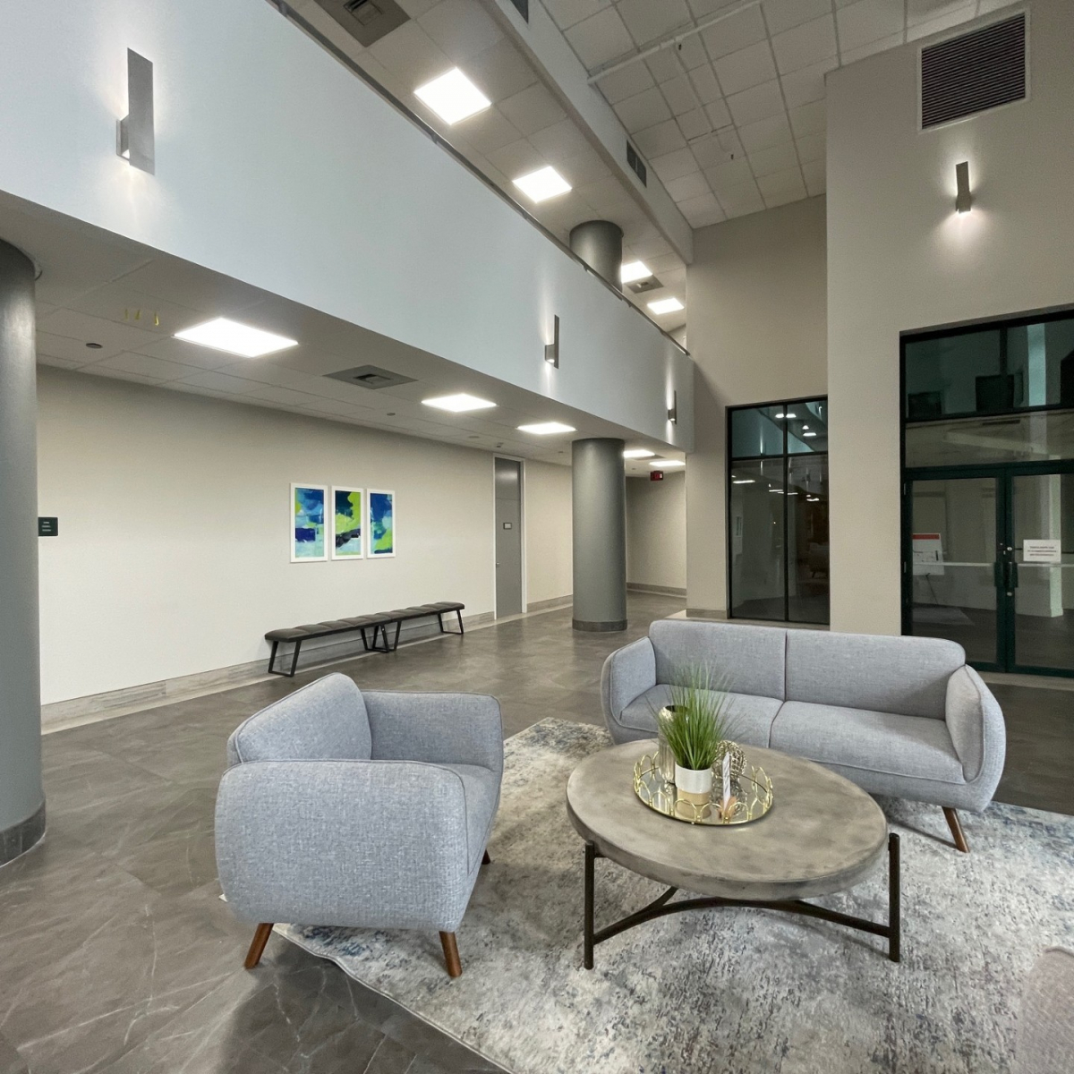 Renovated lobby lounge at Bradenton Financial Center