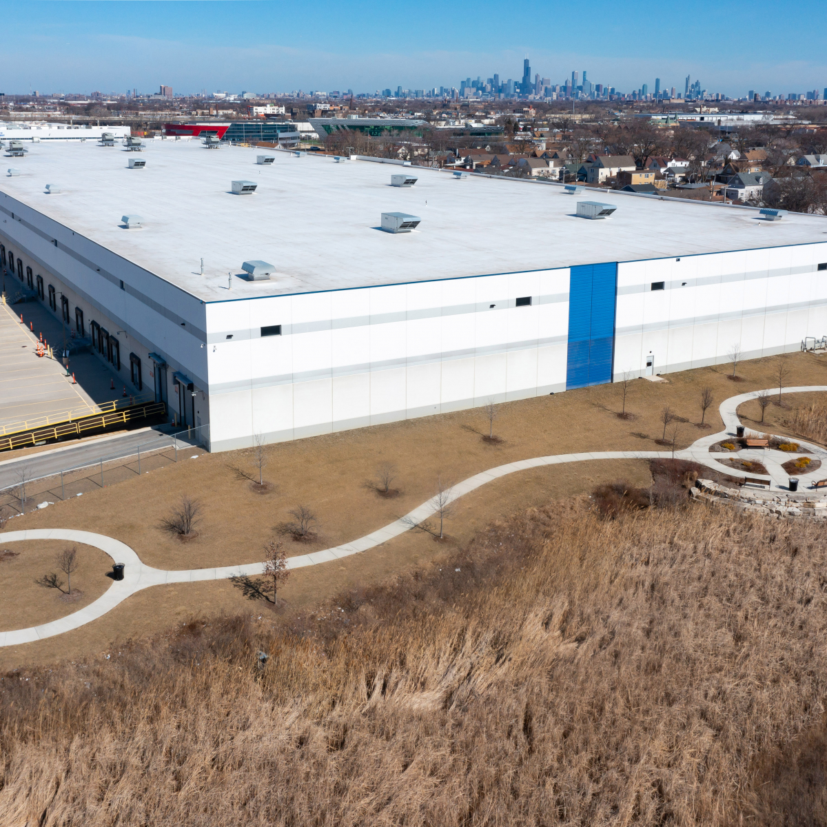Aerial view of 3507 W 51st Street and the Chicago skyline