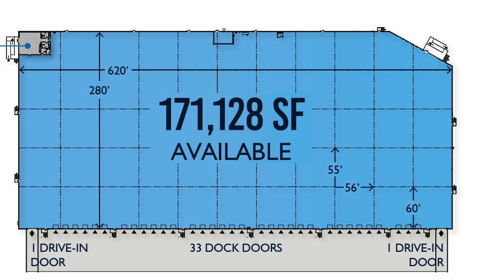 Site and building floor plan showing 171,128 square feet available, dock doors and drive-in doors
