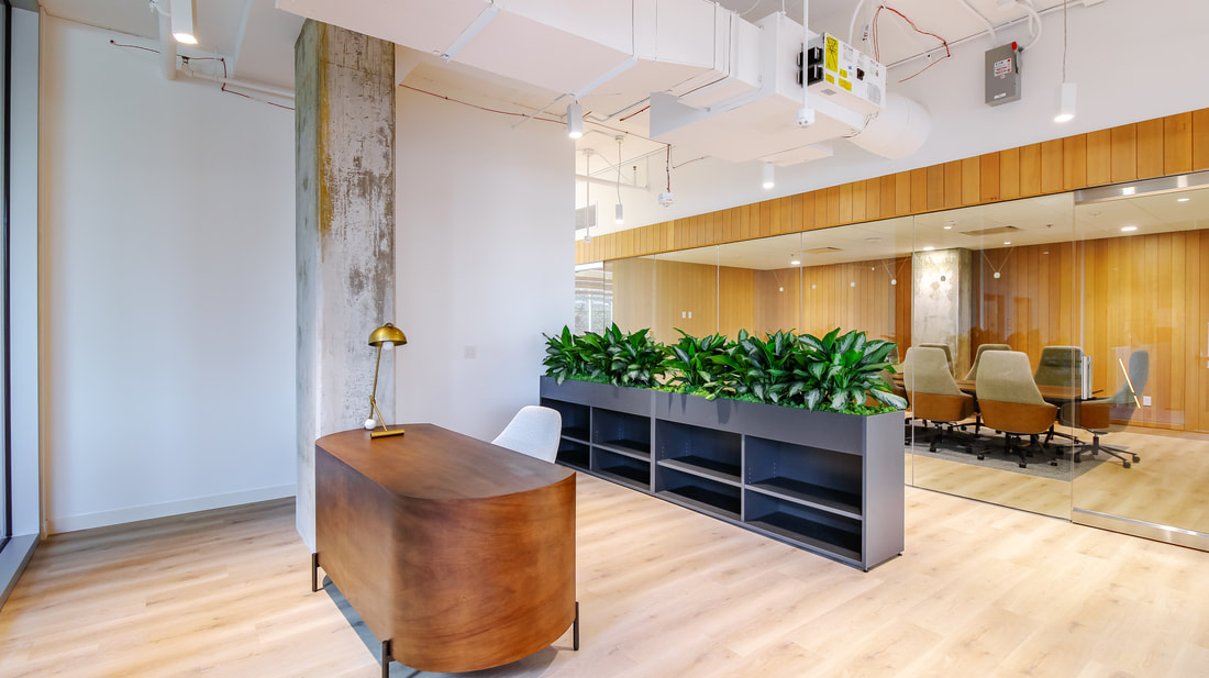 Modern office interior with glass-walled conference room