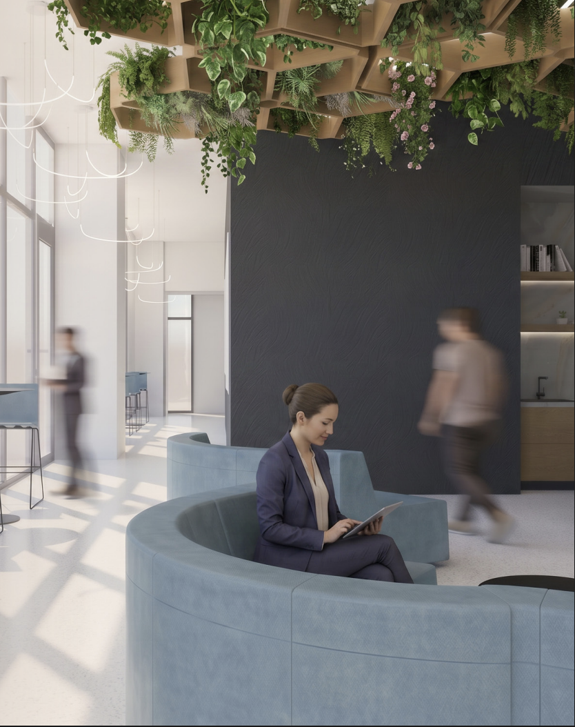 Tenant lounge with planted ceiling feature