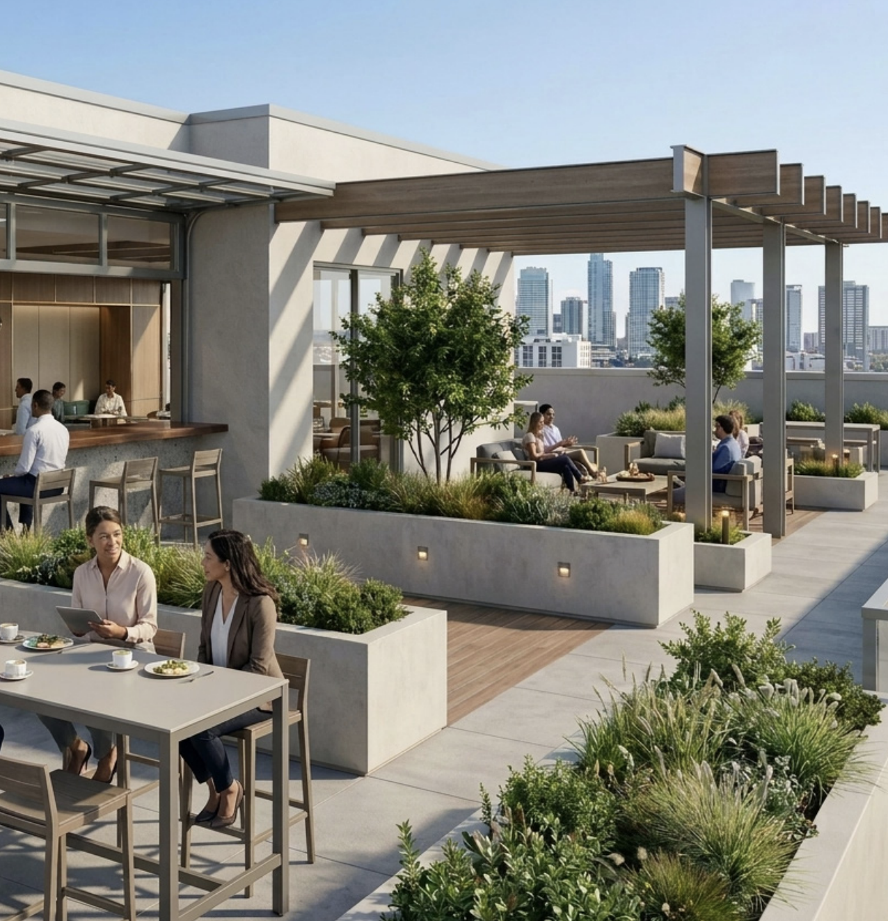 Landscaped rooftop terrace with seating and skyline views