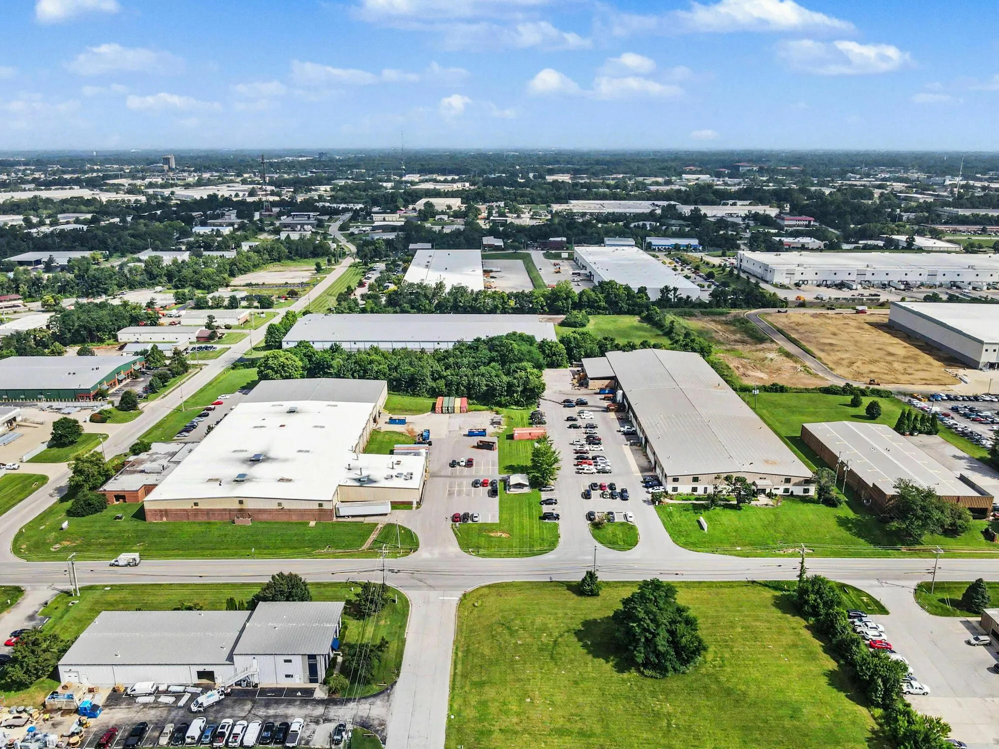 Aerial view of the two-building Electron Drive manufacturing campus