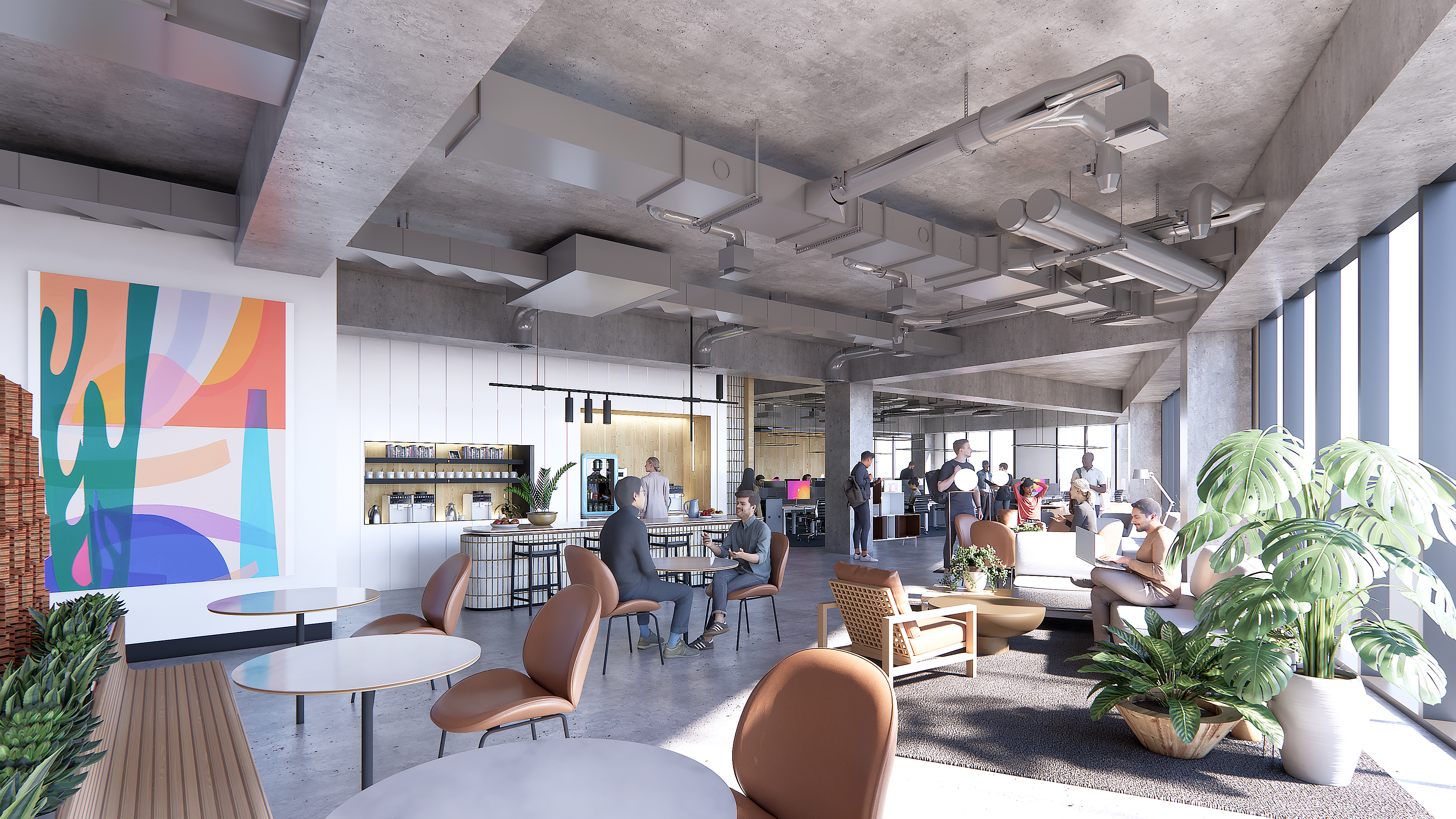 Lush courtyard area between modern commercial buildings