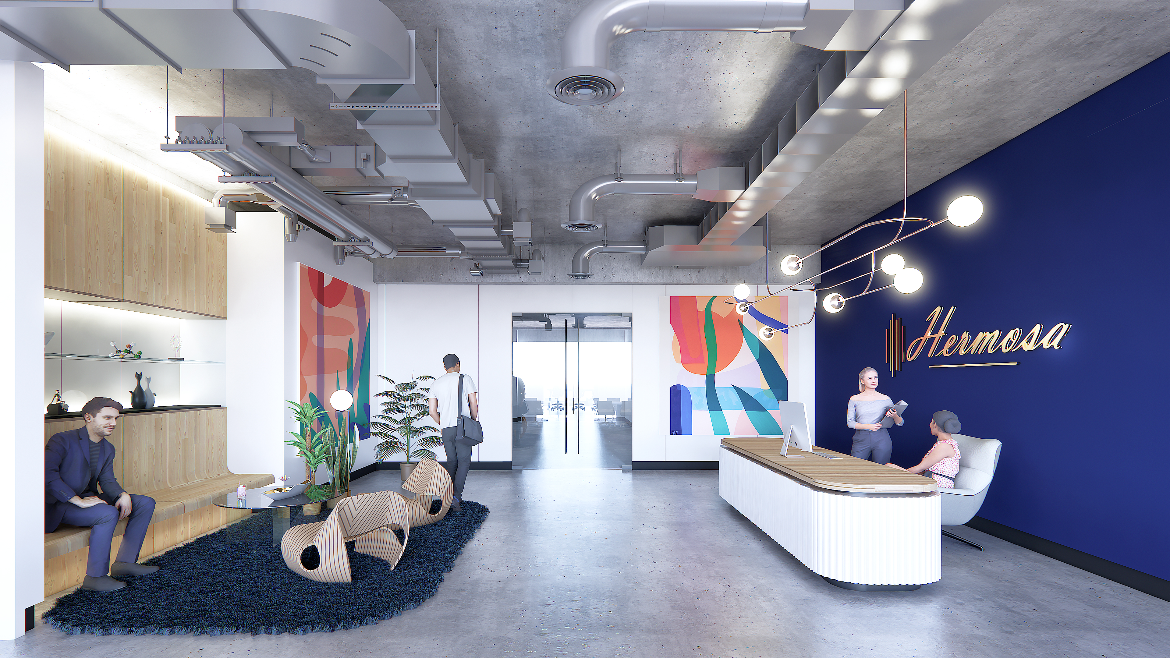 Spacious industrial-style tenant lounge with leather sofas, hanging plants, and art on walls