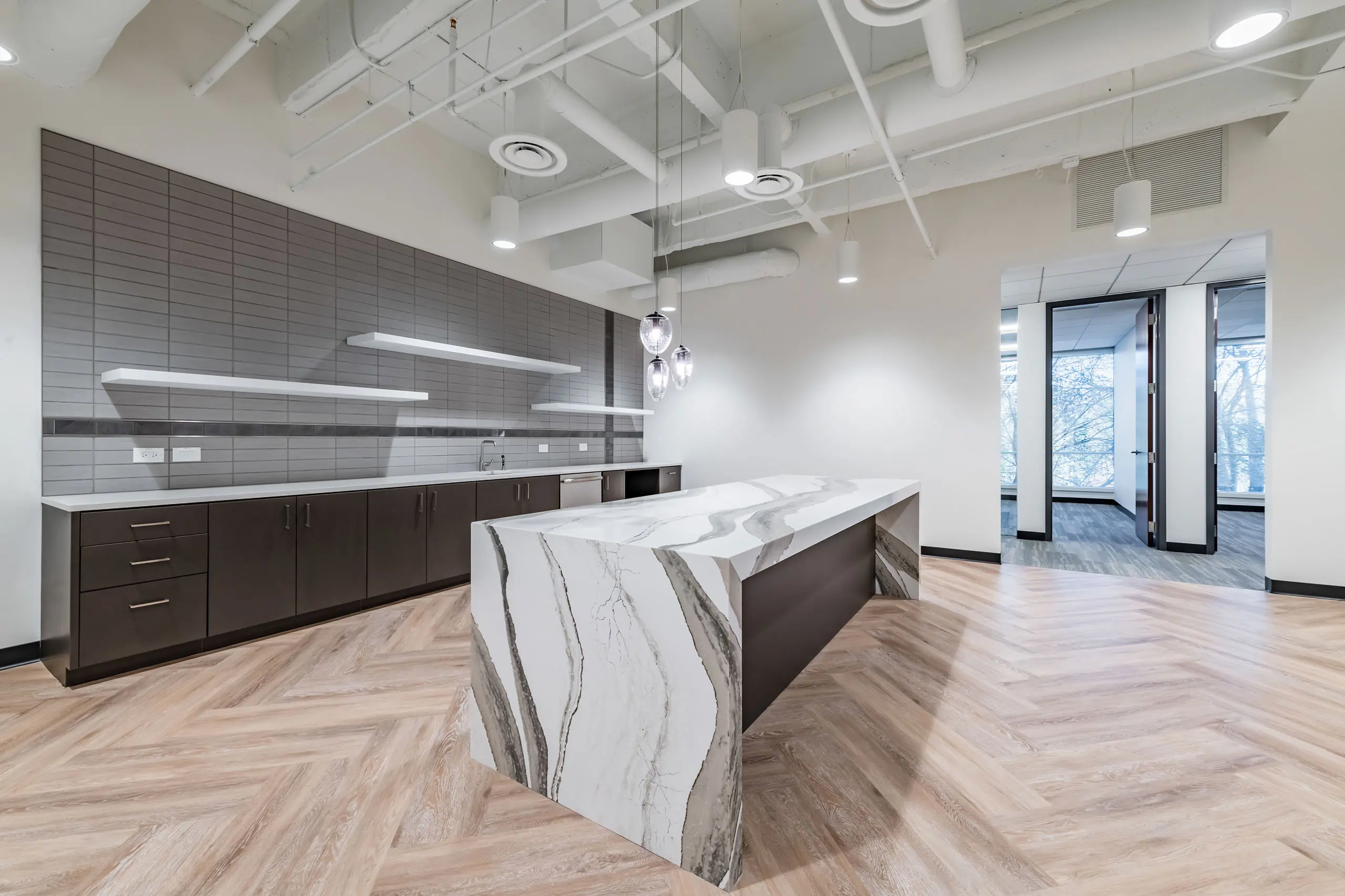 Kitchenette and comfortable breakout area