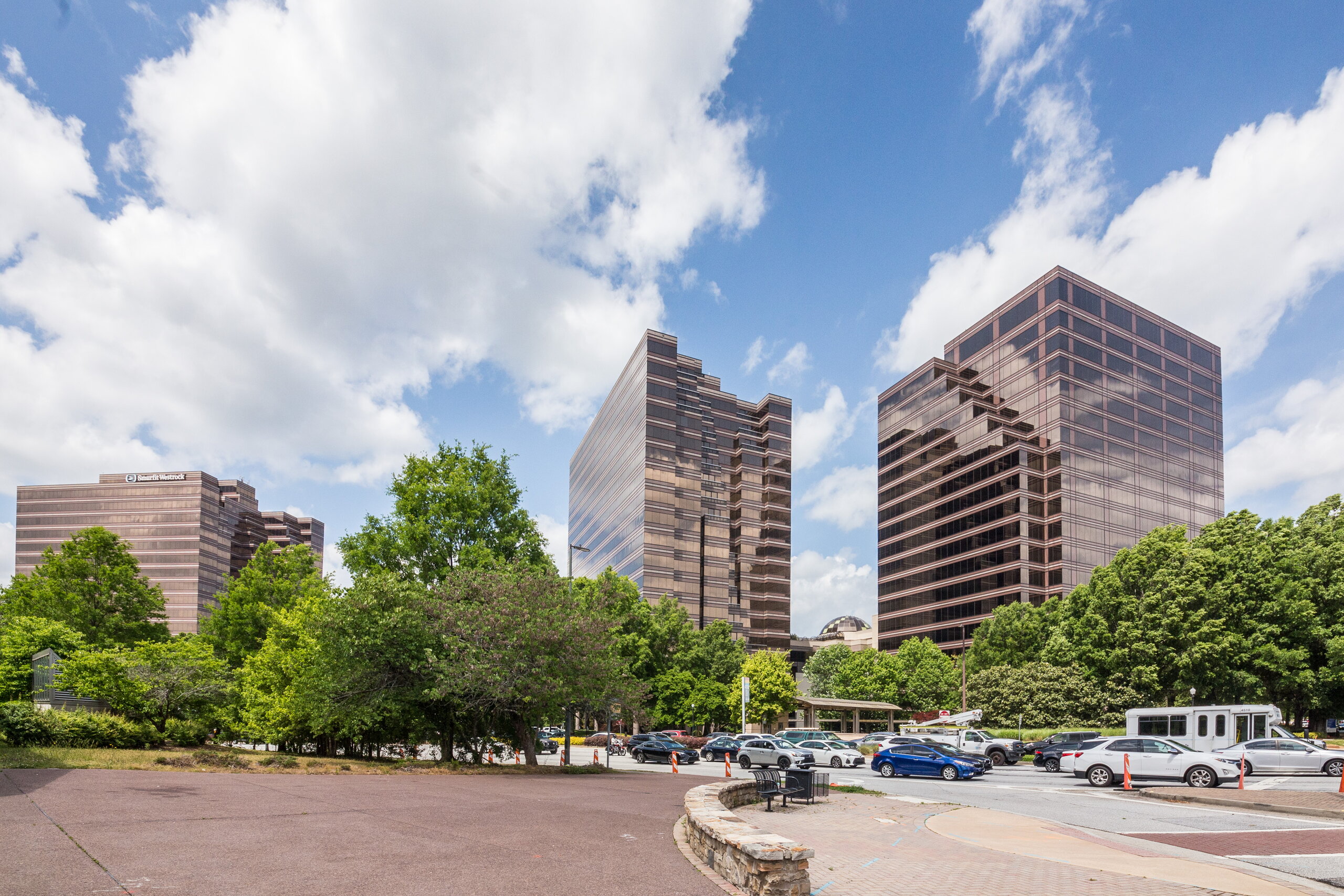 Office building parking lot with landscaping