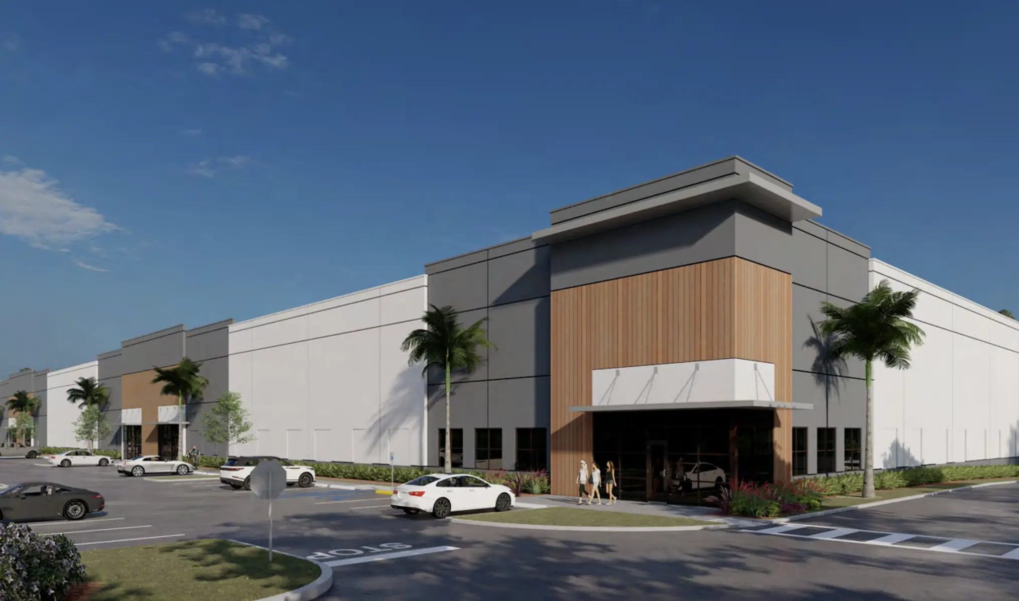 Architectural rendering of Apopka Business Center with landscaped frontage and palm trees